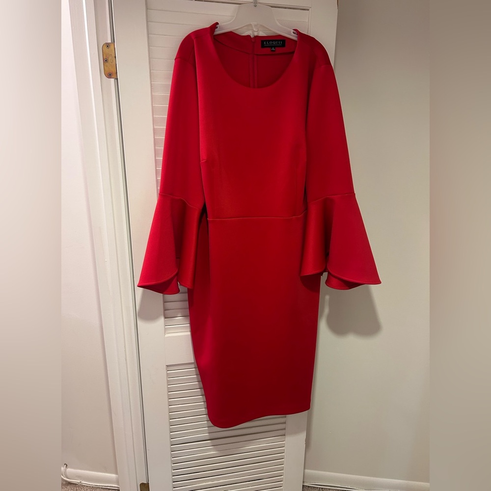 Red Bell-Sleeve Midi Dress